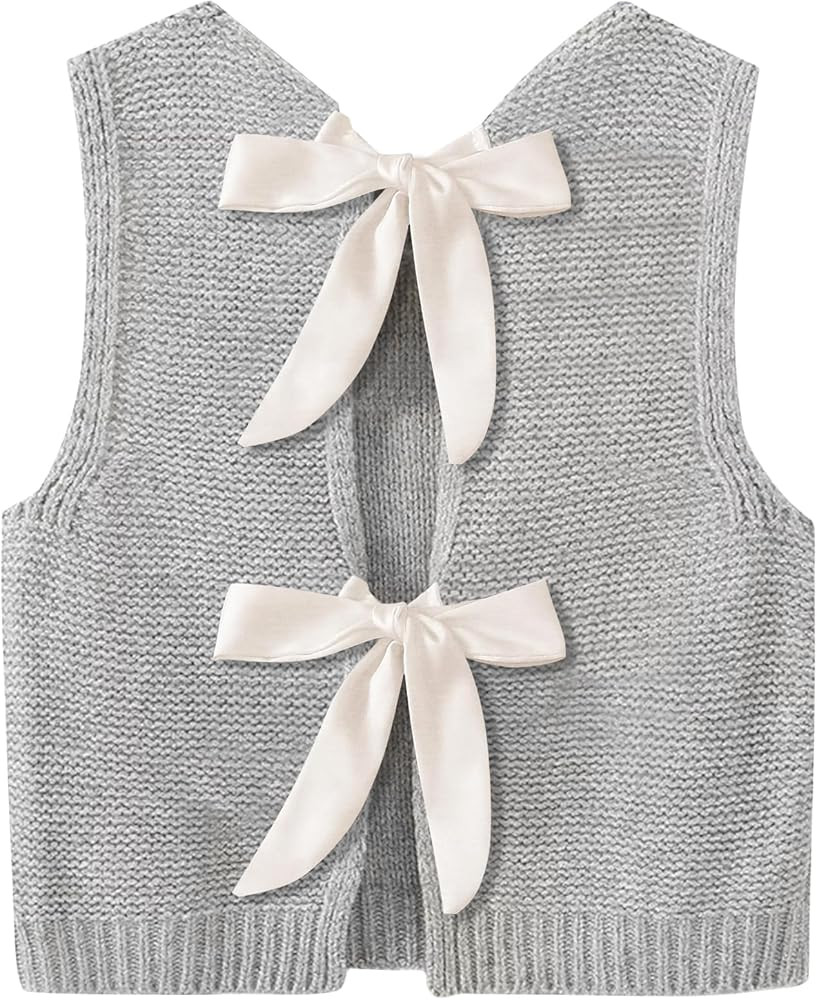 Sweater Vest for Women Summer Tops Bow Tie Back Knitted Tank Tops Casual Crop Cardigan Vest | Amazon (US)