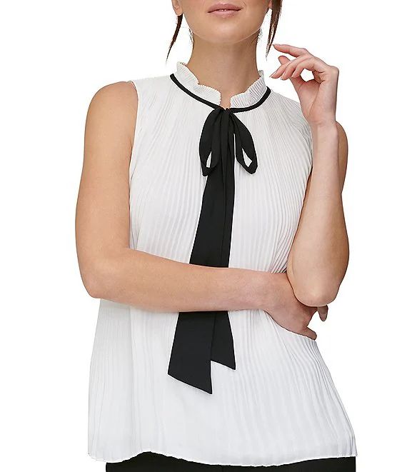 DKNY Sleeveless Pleated Georgette Mandarin Collar Tie Neck Top | Dillard's | Dillard's