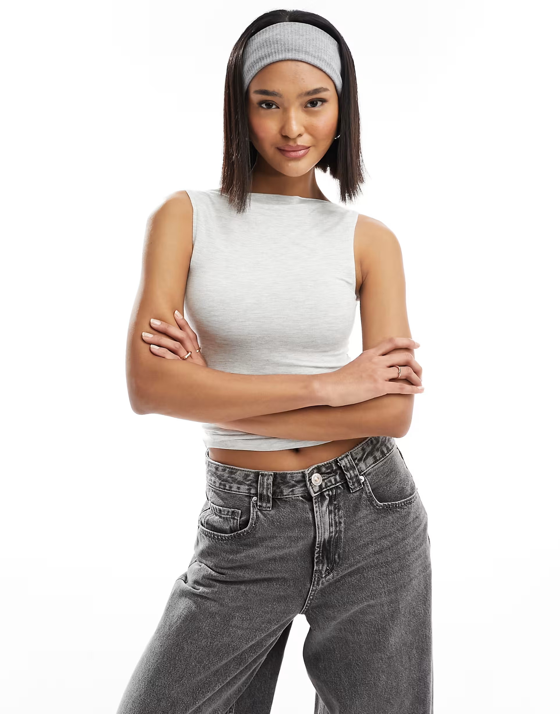 Miss Selfridge sleeveless slash neck tank top in grey marl | ASOS (Global)