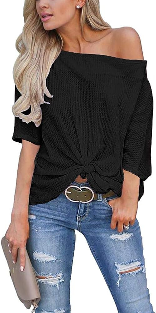 LACOZY Women's Waffle Knit Off The Shoulder Tops Knot Batwing Shirt Tunic Blouse | Amazon (US)