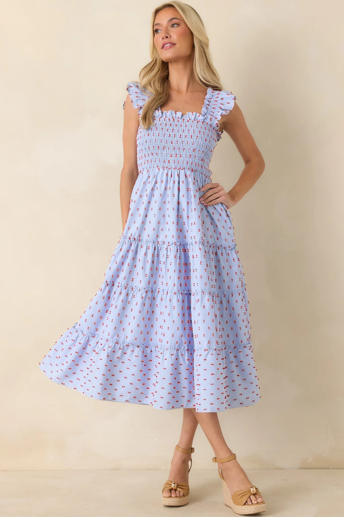 Prosperina Felicity Blue Gingham Embroidered Midi Dress | Red Dress