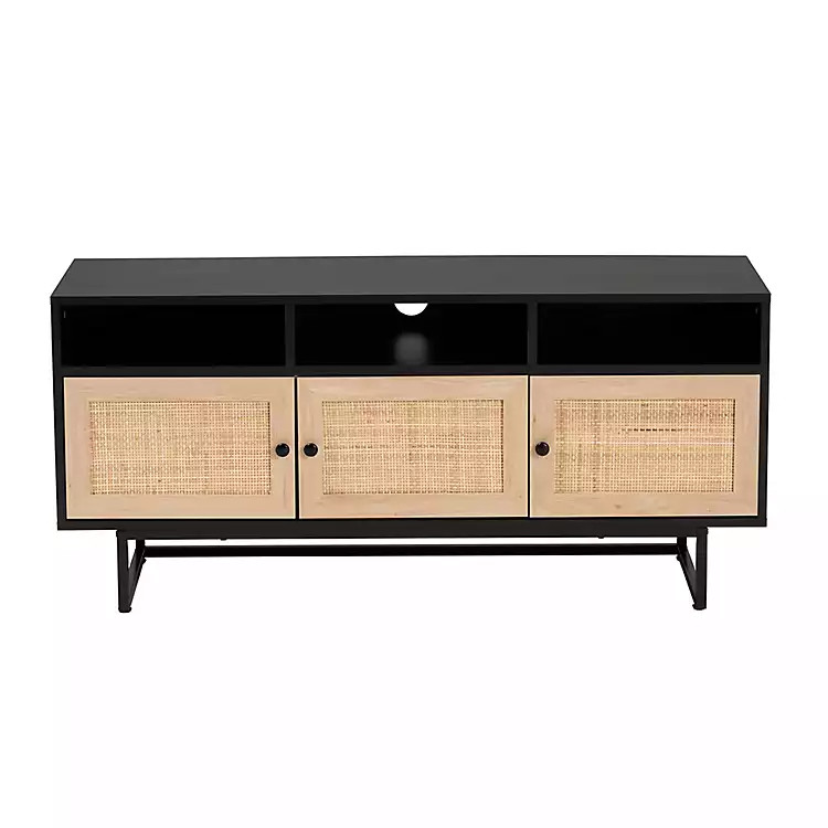 New! Black Wood and Rattan 3-Door TV Stand | Kirkland's Home