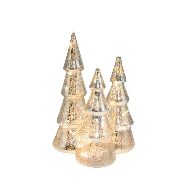 LumaBase Battery Operated Silver Mercury Glass Trees with LED White Lights - Set of 3 | Walmart (US)