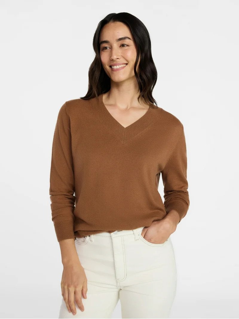 Time and Tru Women's V Neck Sweater, Lightweight, Sizes XS-XXXL | Walmart (US)