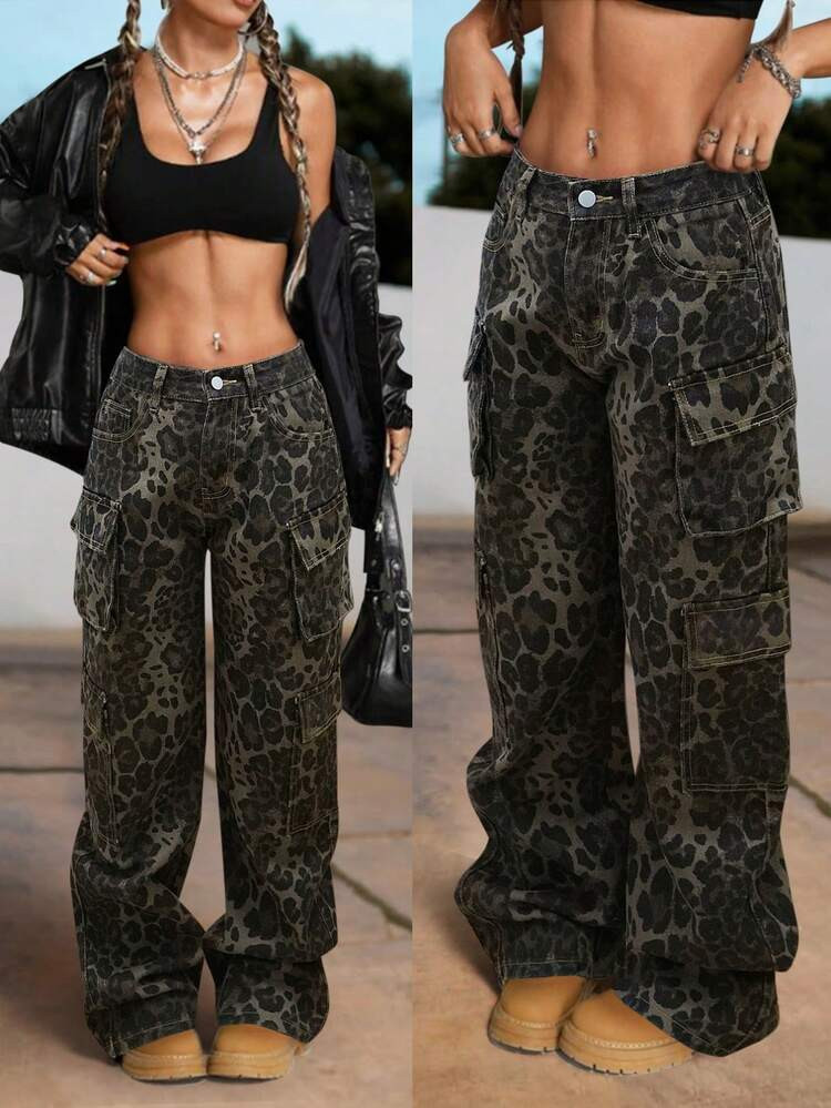 Y2K 90s Street Slant Street Vintage Leopard Print High Waist Flap Pocket Wide Leg Jeans Classic D... | SHEIN