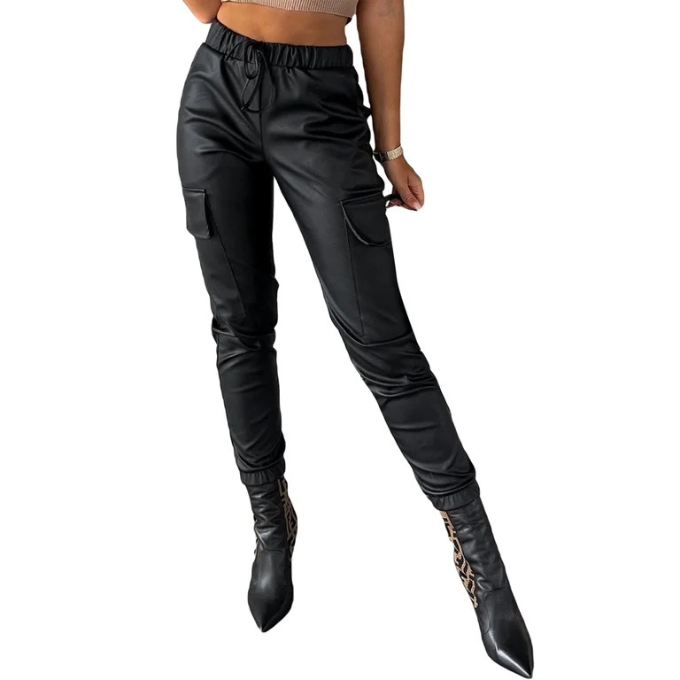 MaBaby Women's Faux Leather Jogger Pants, High Waist Flap Pocket Leggings | Walmart (US)