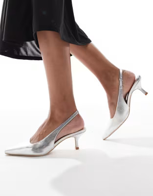 SEQWL Maybach slingback kitten heels in silver foil | ASOS (Global)