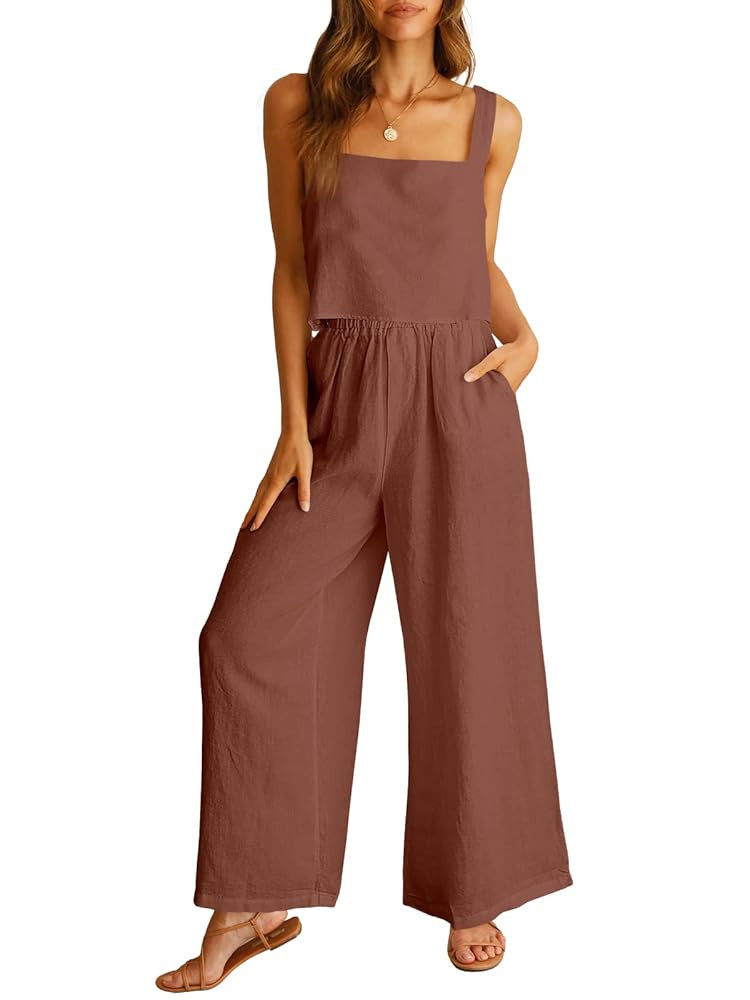 ANRABESS Women's 2 Piece Outfits Linen Pants Jumpsuit Matching Lounge Set Casual Summer Beach Vac... | Amazon (US)