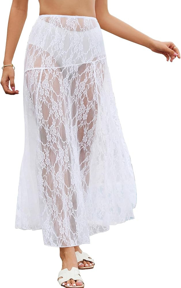 Bsubseach Women Summer Lace Maxi Skirt Elastic Waist Sheer Beach Cover Up Long Skirts | Amazon (US)