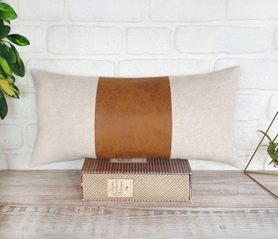 Zen camel and  beige linen fabric  lumbar pillow cover/Color block pillow/modern scandinavian  ho... | Etsy (US)