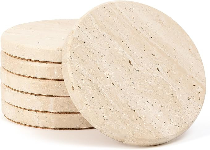 Natural Travertine Marble Coasters Set of 6, Earthy Beige, 4" Round | Modern Neutral Beige Stone ... | Amazon (US)