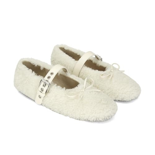 XBKXMK Fur Ballet Flats with Buckle for Women Mary Jane Flats Adjustable Strap Comfy Faux Shearling Flat Ballerina Flat Shoes Causal Daily Dress Shoes White | Amazon (US)