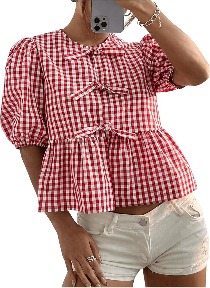 MakeMeChic Women's Plaid Gingham Bow Blouse Puff Sleeve Crew Neck Ruffle Hem Blouses Top | Amazon (US)