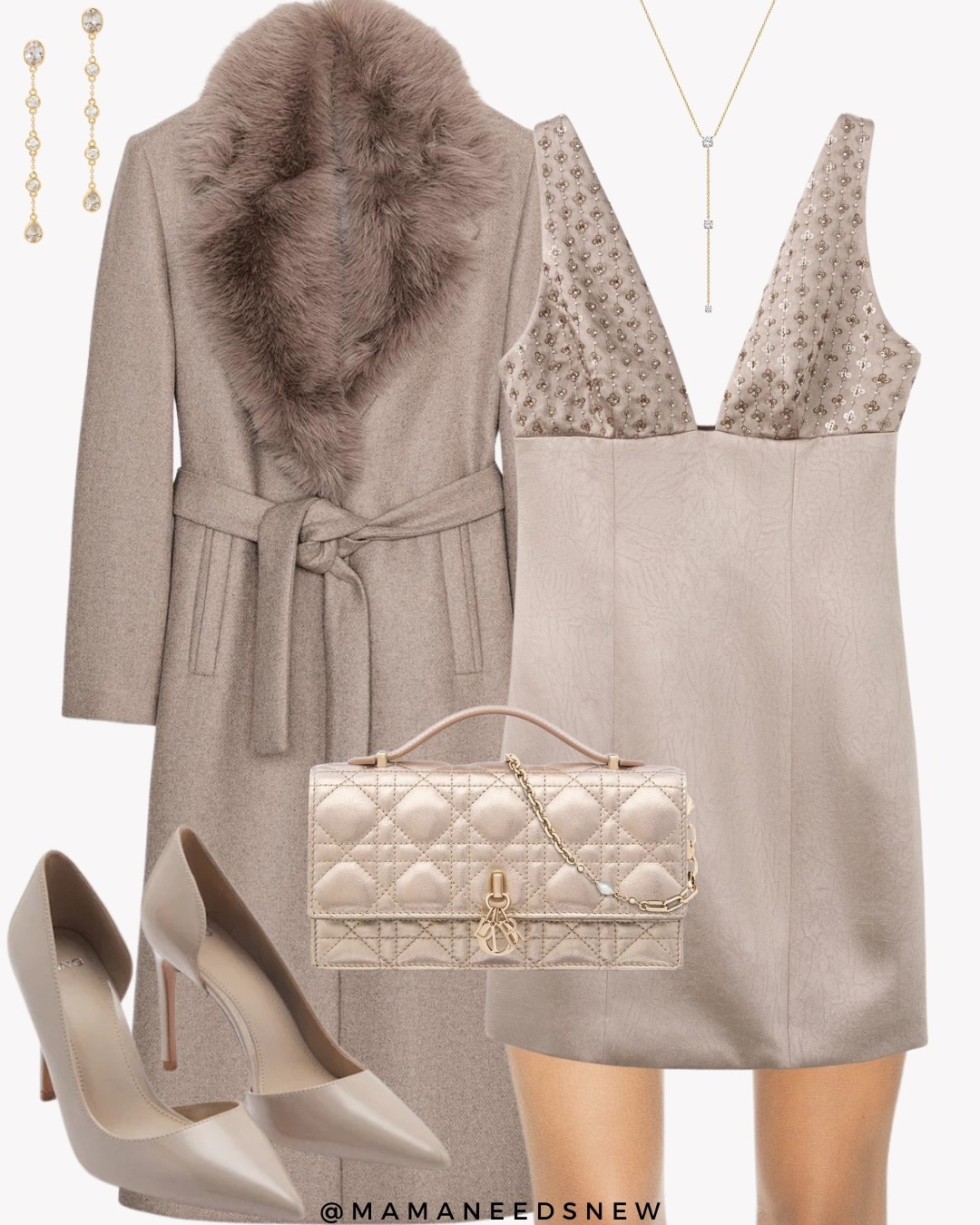 A neutral dressy outfit to wear this holiday season featuring a belted coat with faux fur collar, dress, heels & top handle bag 

#LTKCyberWeek #LTKStyleTip #LTKHoliday