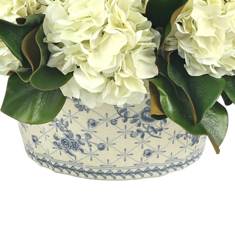 Primrue Hydrangeas and Magnolia Leaves Arranged in Decorative Vase | Wayfair | Wayfair North America