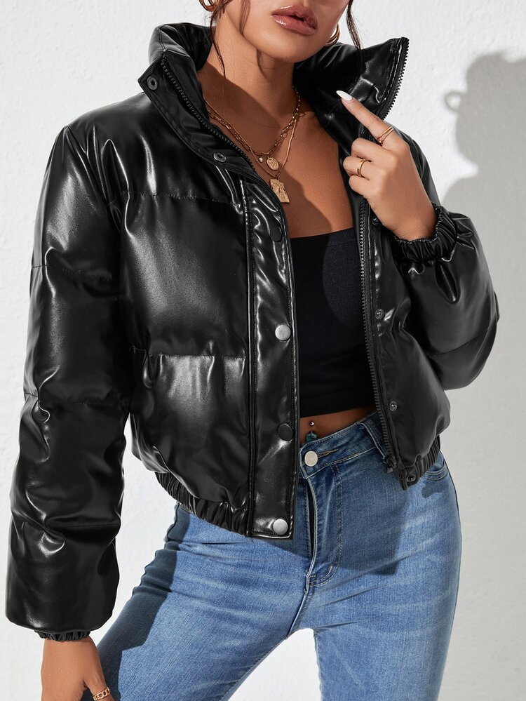 SHEIN PETITE Zip Up Snap Button Puffer Coat | SHEIN