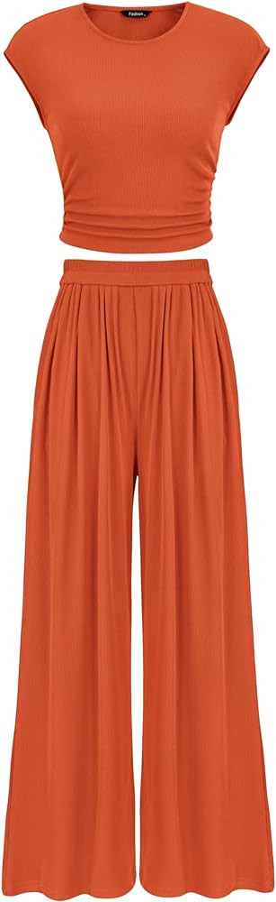 PRETTYGARDEN Women's Summer 2 Piece Outfits 2026 Cap Sleeve Ruched Slim T Shirt Ribbed Knit Wide ... | Amazon (US)