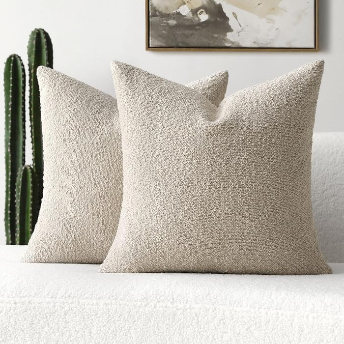 Pack of 2 Beige Decorative Throw Pillow Covers 16x16 Inch Soft Cozy Solid Boucle Textured Cushion... | Amazon (US)