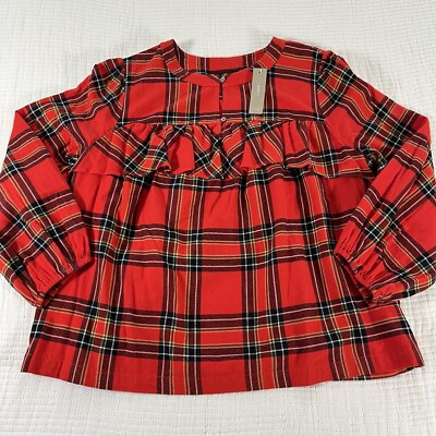 J Crew Top Womens Large Red Festive Tartan Plaid Flannel Ruffle Holiday NWT  | eBay | eBay US