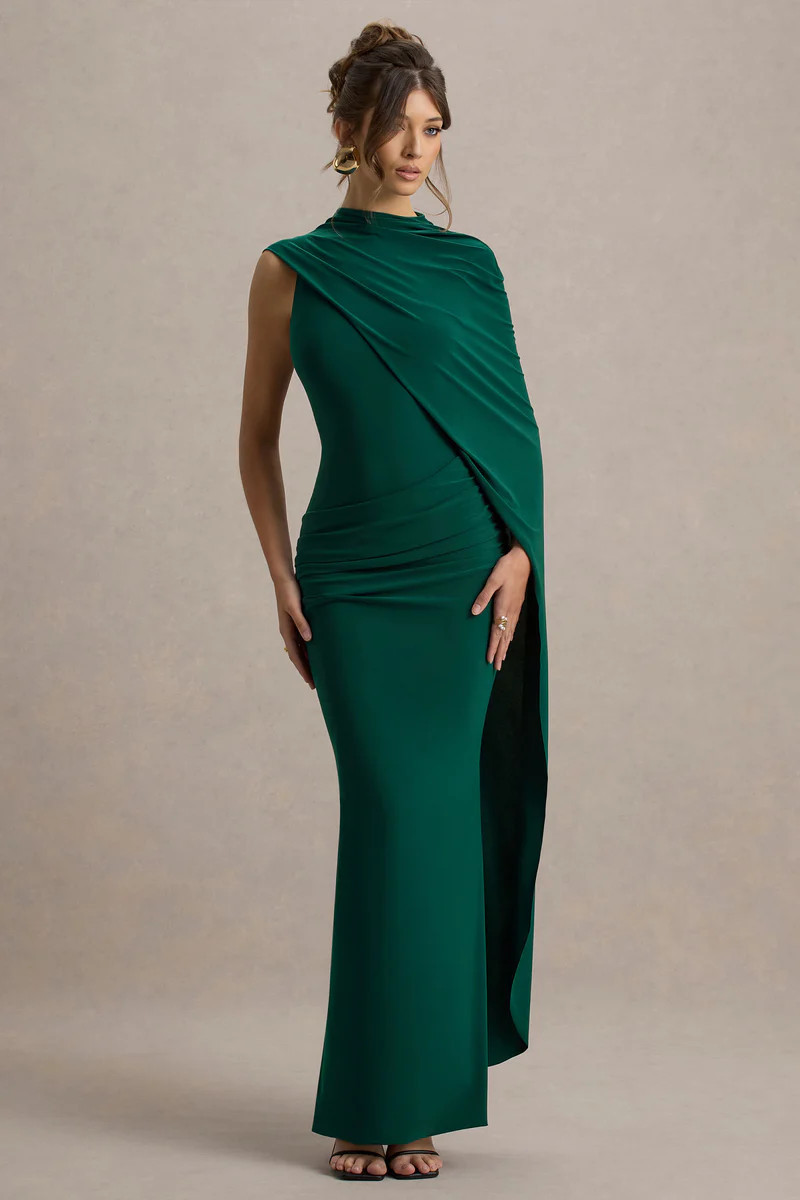 Maeve | Bottle Green Cape-Sleeve Draped Maxi Dress | Club L London