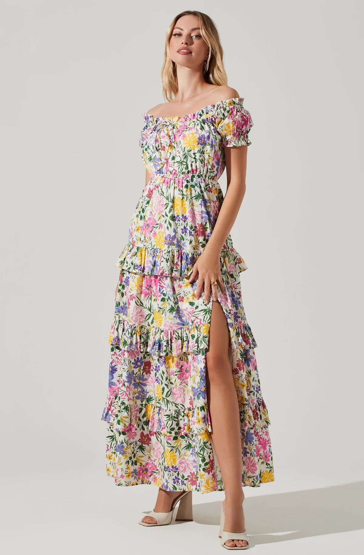 Viona Floral Off Shoulder Tiered Maxi Dress | ASTR The Label (US)