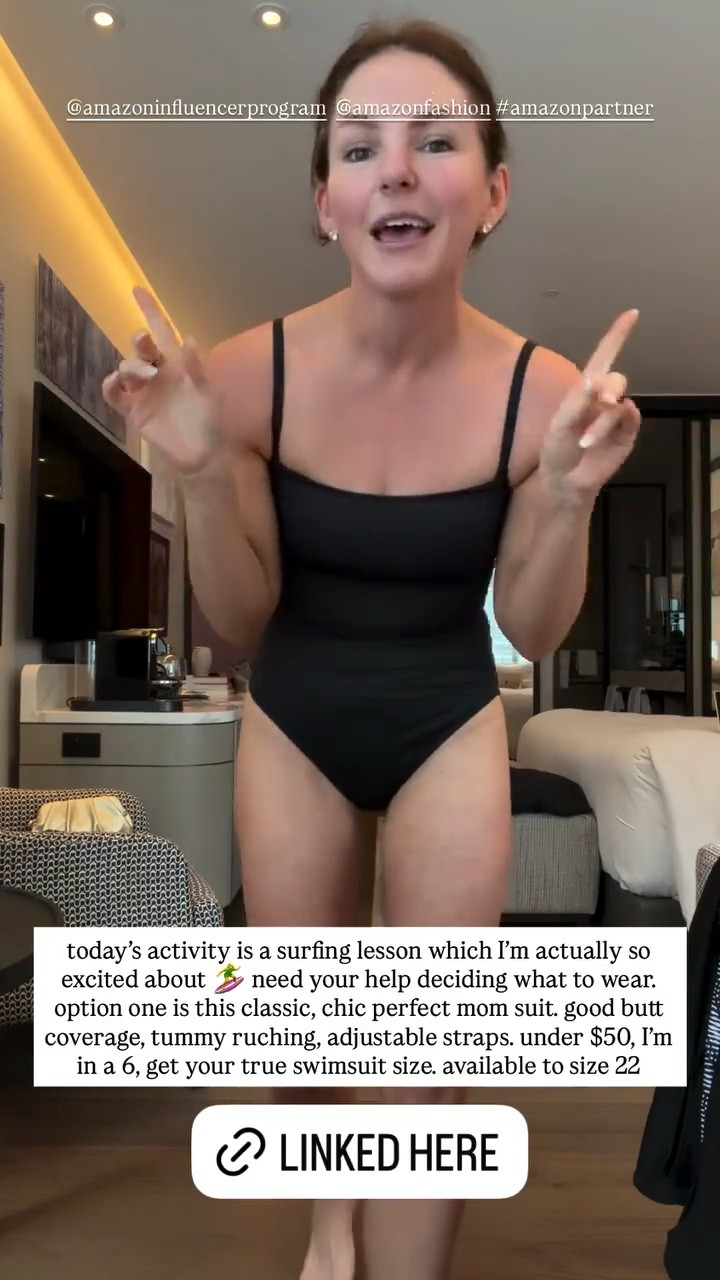 today's activity is a surfing lesson which I'm actually so excited about 🏄🏻‍♀️

need your help deciding what to wear.
option one is this classic, chic perfect mom suit. good butt coverage, tummy ruching, adjustable straps. under $50, I'm in a 6, get your true swimsuit size. available to size 22

#LTKgrwm #LTKSwim #LTKdayinmylife
