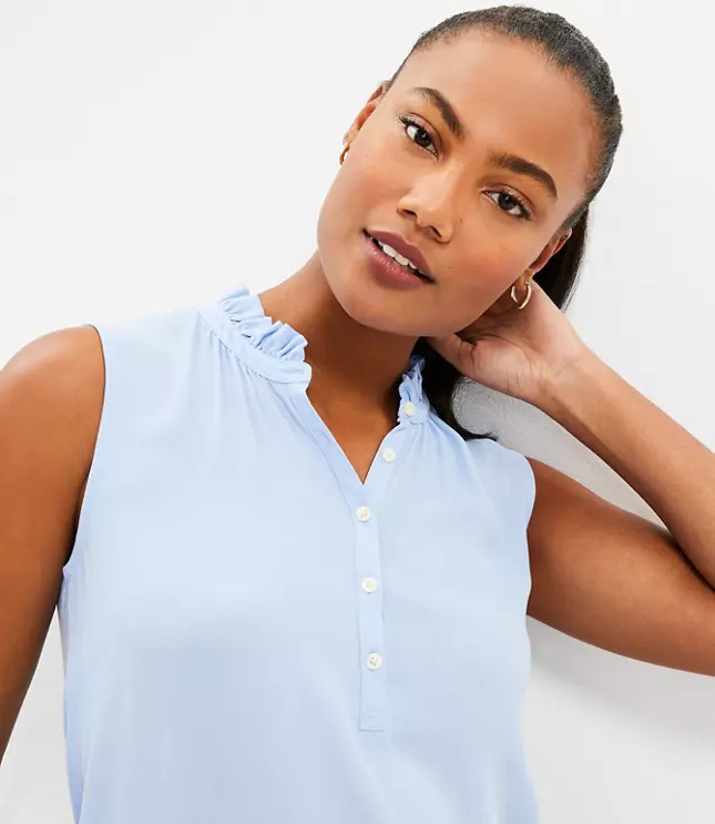 Petite Ruffle Mixed Media Shell | LOFT