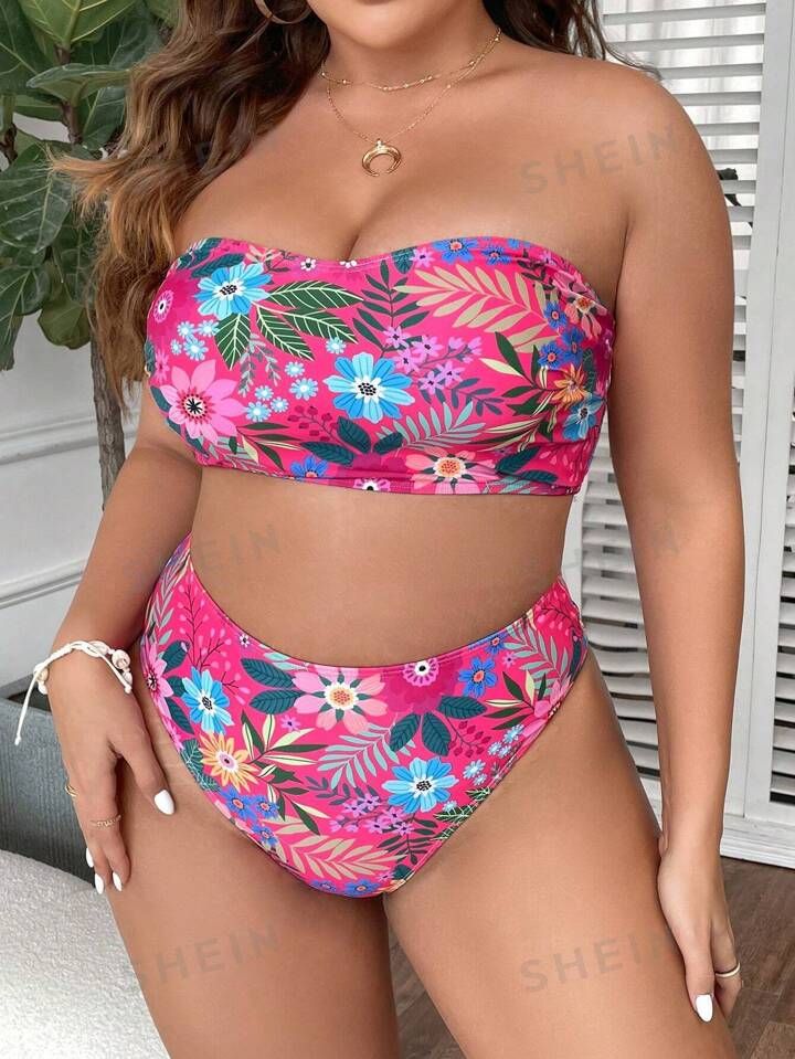 Plus Tropical Print Bandeau Bikini Swimsuit | SHEIN