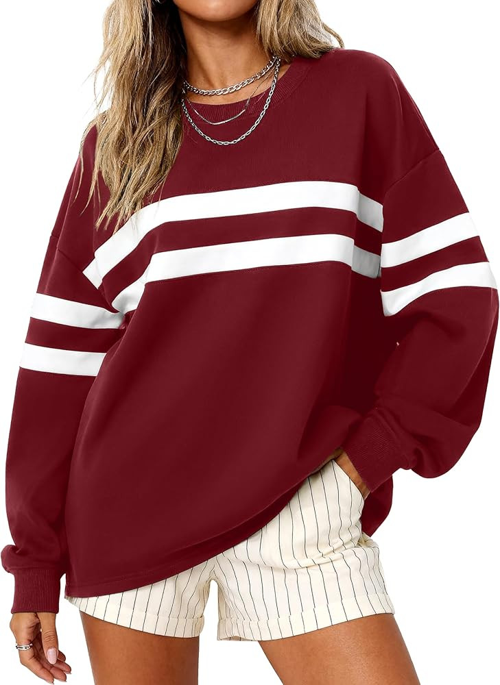 MASCOMODA Women's 2025 Striped Oversized Sweatshirt Fall Crewneck Long Sleeve Shirts Casual Color... | Amazon (US)
