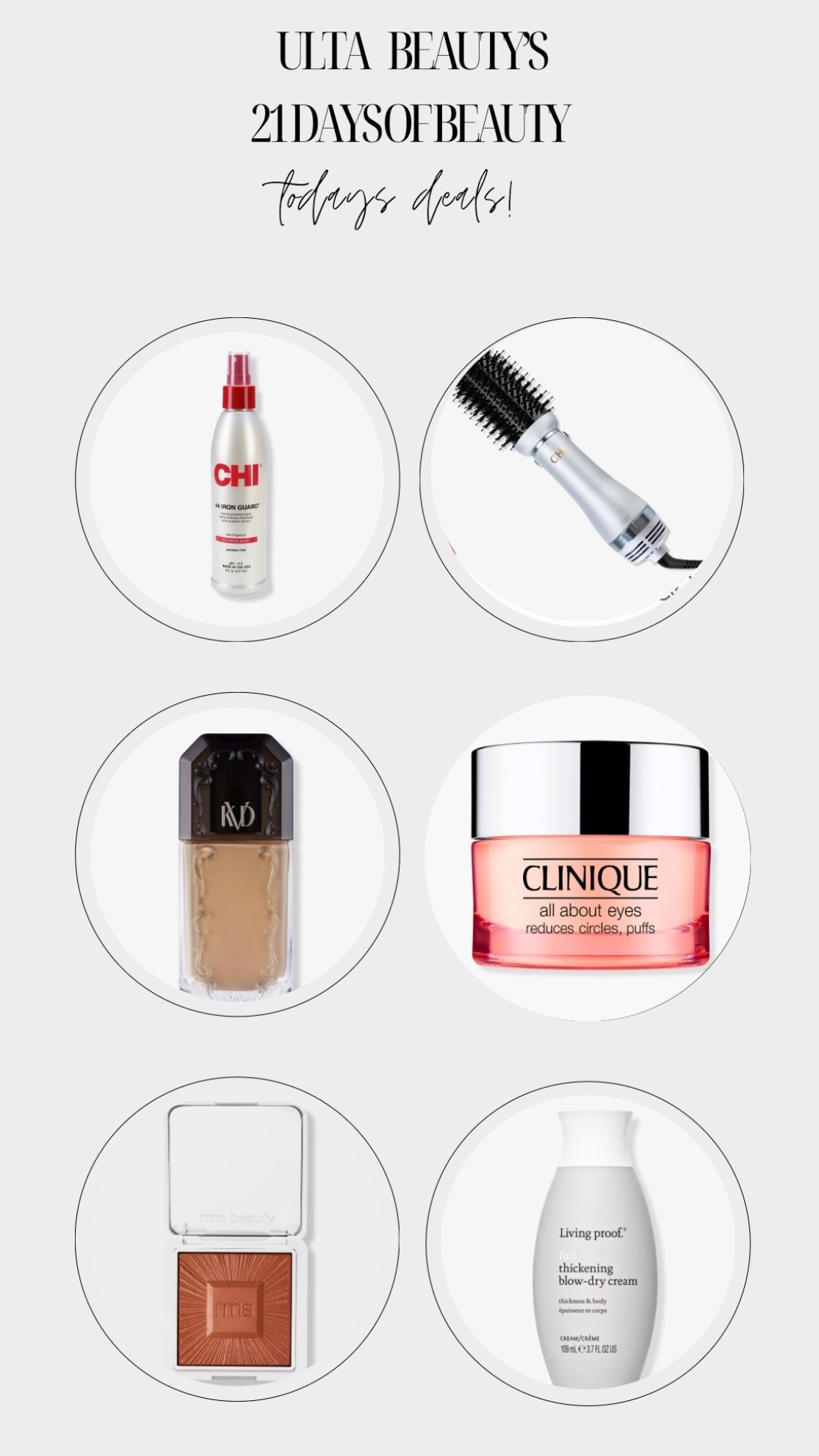 The beauty countdown continues!  Day 5 of Ulta Beauty’s 21 Days of Beauty is here—and it’s bringing the steals you’ve been waiting for. Starting at 12 AM CT today, score 50% OFF the hottest brand picks that seriously elevate your skincare, makeup, hair, and more… but only for 24 hours! ⏳

Here’s what’s 50% OFF TODAY, TUESDAY, SEPTEMBER 2:
	•	Online-Only: Dermablend Leg & Body Makeup
	•	Clinique: All About Eyes
	•	KVD Beauty: Good Apple Serum Foundation
	•	Online-Only: Chi Volumizer 4-In-1 Blowout Brush
	•	Design Essentials: Entire brand
	•	Only at Ulta: TULA H2Oasis Instant Skin Reviving Mask
	•	Living Proof: Full Thickening Blow-Dry Cream
	•	Online-Only: Ellis Brooklyn MYTH Eau de Parfum
	•	RMS Beauty: ReDimension Hydra Bronzer
	•	Chi Select: Hair care
	•	Moon Juice: Magnesi-Om Sleep Supplement

It’s GO time—shop today’s steals before they’re gone and get ready to glow! #Ulta21DaysOfBeauty #BeautySteals #DailyDeals #UltaBeauty #SkincareSavings #HaircareDeals

#LTKBeauty #LTKSaleAlert #LTKFindsUnder50