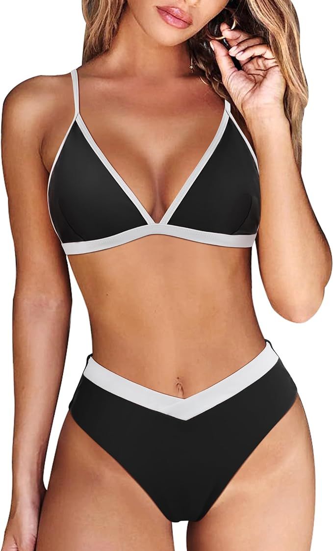 RXRXCOCO Women High Cut Front V-Cross Bikini Sets High Waisted 2 Piece Sexy Bikini Swimwear | Amazon (UK)