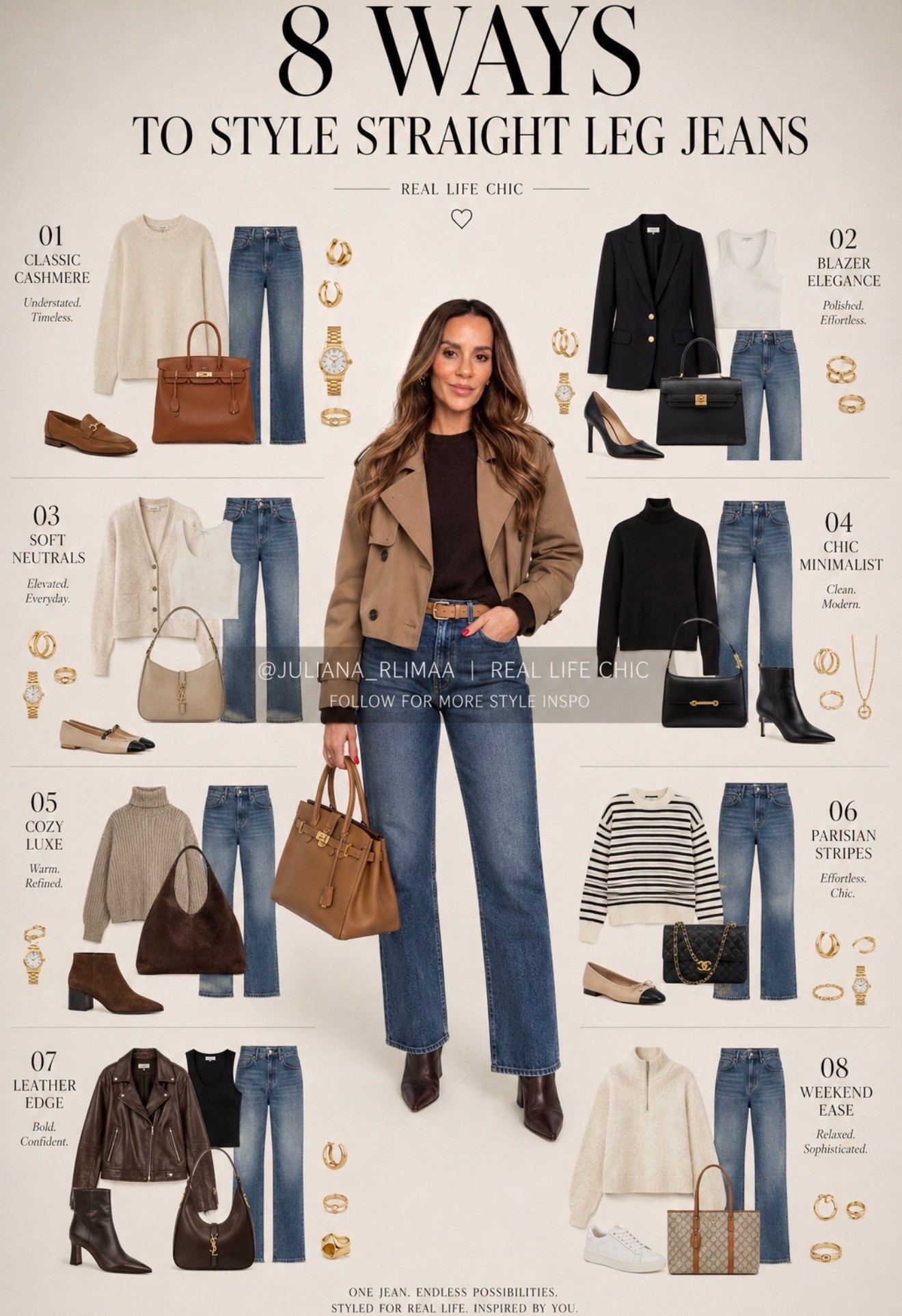 One pair of straight-leg jeans, 8 polished outfits. 👖🤎

This is exactly why great denim is worth investing in. Style it with cashmere, a blazer, soft neutrals, stripes, leather, or cozy knits—and suddenly one pair works for almost every part of your week.

I linked similar pieces so you can recreate your favorite looks and get more mileage out of your wardrobe. Save this for later and shop the staples before the best sizes are gone. ✨

straight leg jeans outfit, how to style straight leg jeans, straight leg denim, jeans outfit ideas, early fall outfits, capsule wardrobe outfits, timeless outfit formulas, blazer and jeans outfit, cashmere sweater outfit, striped sweater outfit, leather jacket outfit, ankle boots with jeans, women over 40 fashion, quiet luxury style, elevated basics, classic wardrobe staples, effortless chic style, everyday outfit inspiration, LTK fashion finds, Real Life Chic.

#LTKootd #LTKSaleAlert #LTKOver40