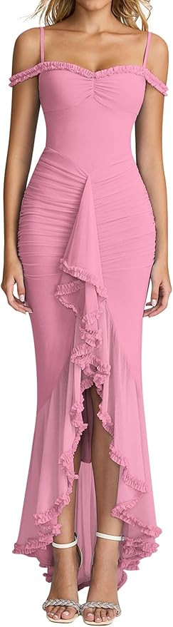 KUTUMAI Women Ruffle Bodycon Maxi Dress Ruched Long Formal Cocktail Wedding Guest Dresses | Amazon (US)