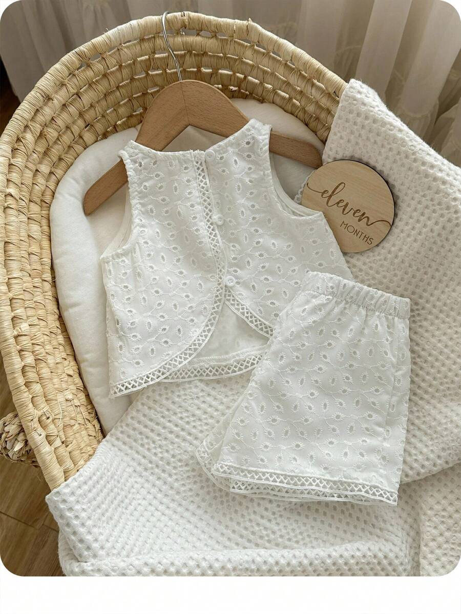 Baby Girl Summer Cute Holiday Embroidered Hollow Out Lace Sleeveless Top With Elastic Waist Short... | SHEIN