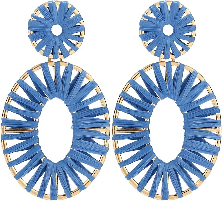 Raffia Tassel Hoop Drop Earrings Handmade Fashion Statement Jewelry for Women | Amazon (US)