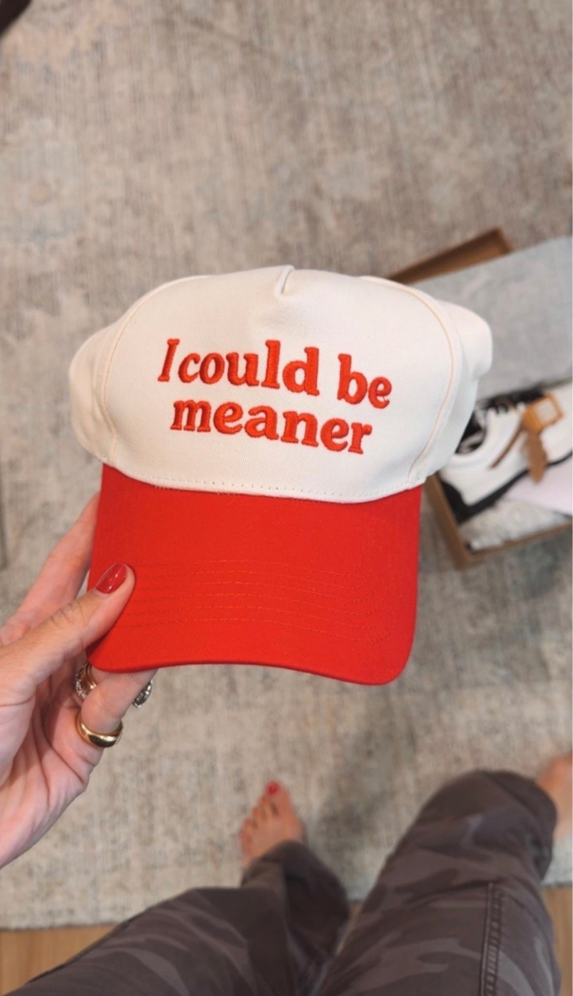 This “I Could Be Meaner” hat adds just the right amount of personality to a simple outfit. I love pairing a cheeky graphic cap with a tee, denim, and sneakers when the outfit needs something fun without adding another layer.

graphic hat, funny baseball cap, trucker hat, casual accessories, statement hat, weekend outfit, graphic accessories, casual style, everyday outfit, gift idea, TheMomInStyle

#LTKootd #LTKSeasonal #LTKTravel