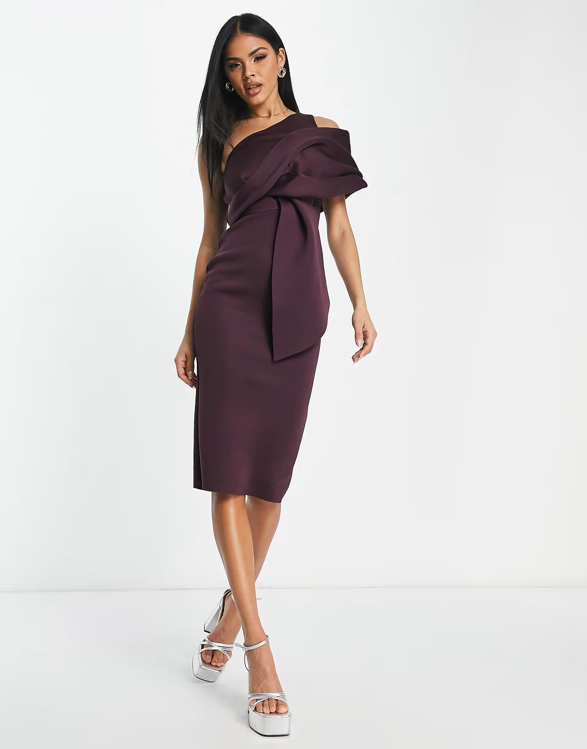 ASOS DESIGN peekaboo shoulder gathered midi pencil dress in aubergine | ASOS (Global)