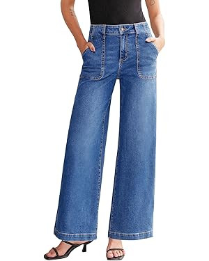 Sidefeel Womens Wide Leg Jeans High Waisted Stretchy Straight Leg Baggy Denim Pants with Pockets | Amazon (US)