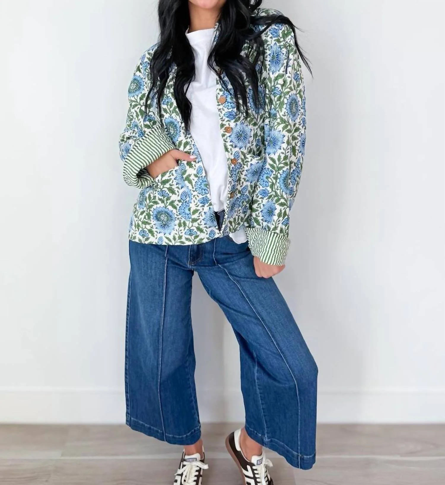 Floral Quilted Jacket In Blue Floral | Shop Simon