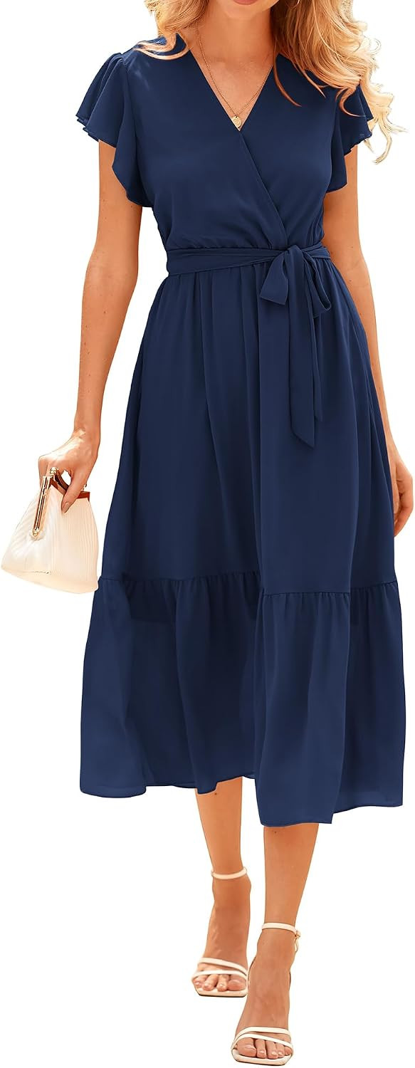 BTFBM Women Summer Casual Wrap V Neck Ruffle Cap Sleeve Belted Midi Dress | Amazon (US)