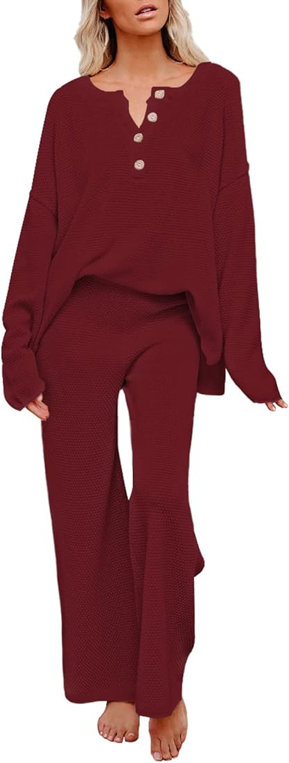 Pink Queen Women's 2 Piece Outfit Set Long Sleeve Button Pullover Sweater Top and Wide Leg Pants ... | Amazon (US)