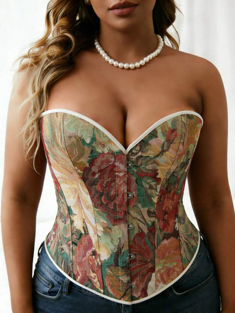 Plus Size Women Floral Print Tie Front Corset Top, Vintage Style Suitable For Oktoberfest, Hallow... | SHEIN