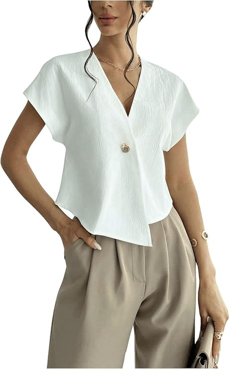 SOLY HUX Women's Elegant V Neck Short Sleeve Blouse Button Asymmetrical Work Business Shirt Tops | Amazon (US)