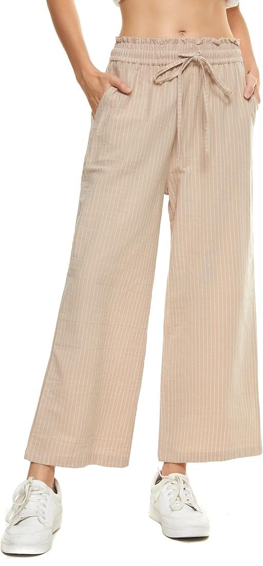 Womens Linen Pants High Waisted Wide Leg Drawstring Casual Loose Trousers with Pockets | Amazon (US)