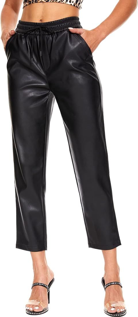 Faux Leather Pants for Women High Waisted Pleather Joggers Straight Leg Trousers with Pockets | Amazon (US)