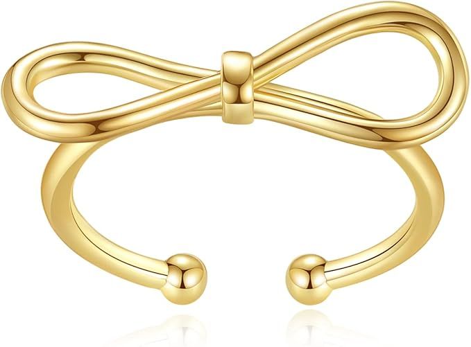 Classic Cute Simple Bow Ring Fashion Adjustable Wrap Open Ring for Women Girl, Gold color | Amazon (US)