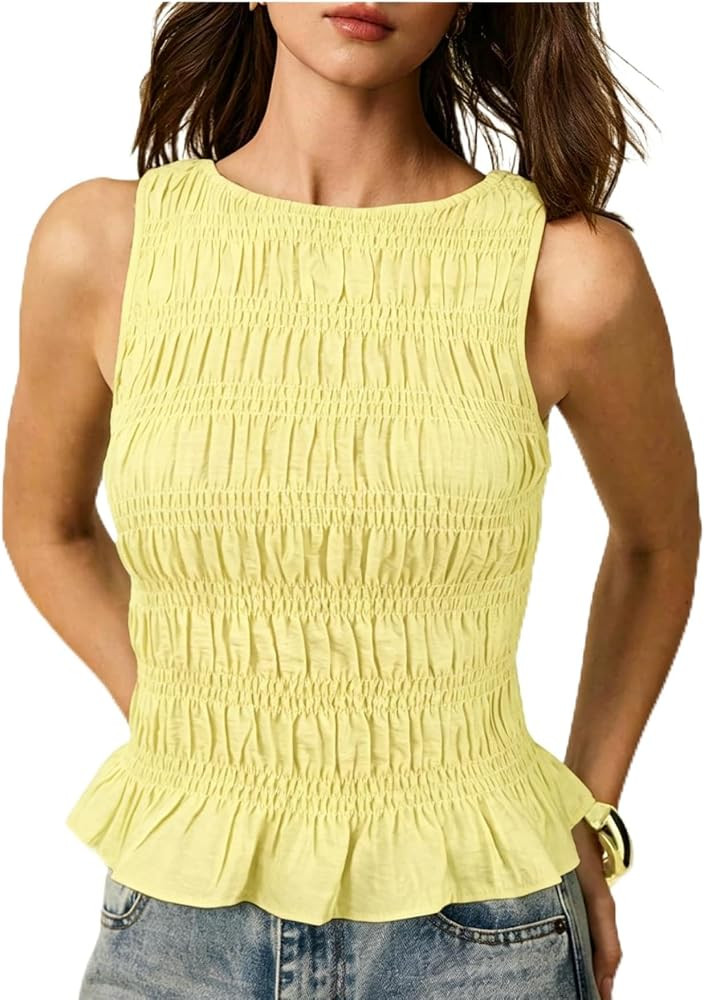 Milumia Women's Sleeveless Crewneck Frill Smocked Ruffle Crop Top Shirred Tank Top Shirt | Amazon (US)