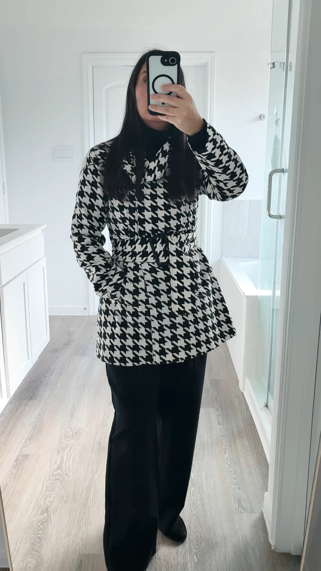This simple base outfit of black high waisted pants and a black turtleneck allow the houndstooth coat to shine. Black and white contrast is always stylish. This is a great outfit for a concert, a workday or a date. My coat is older  so I have linked options available now.

#LTKWorkwear #LTKPetite