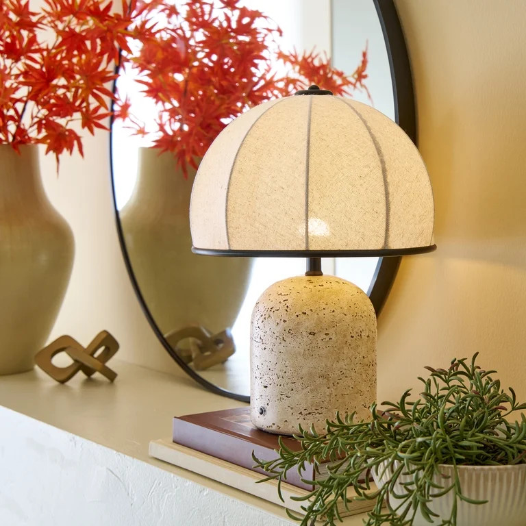 Better Homes & Gardens Rechargeable 14 in Stone Gourd Table Lamp with Fabric Dome Shade | Walmart (US)
