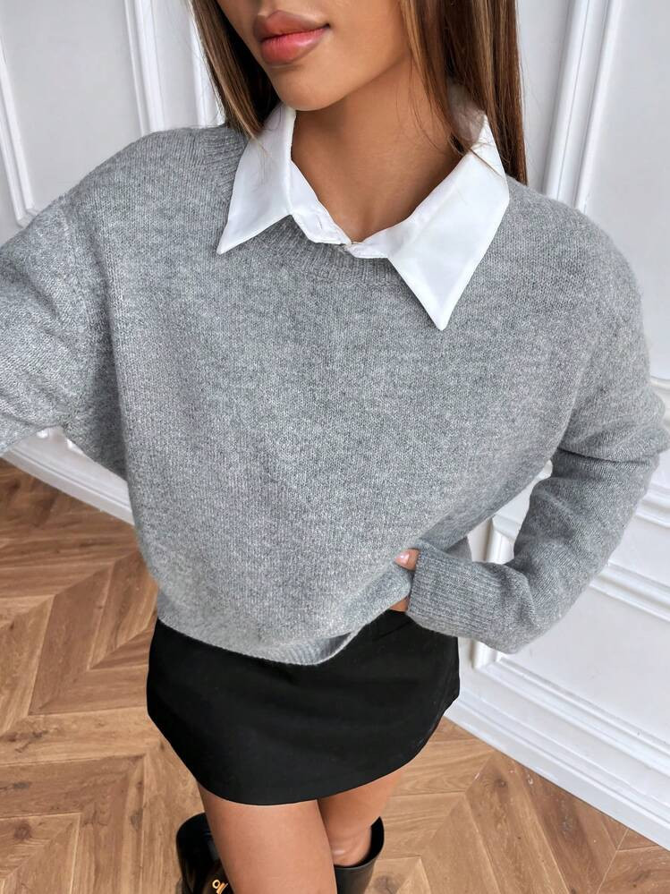 EMERY ROSE Casual Style Solid Color Crew Neck Long Sleeve Knitted Sweater,Long Sleeve Tops  Fall ... | SHEIN